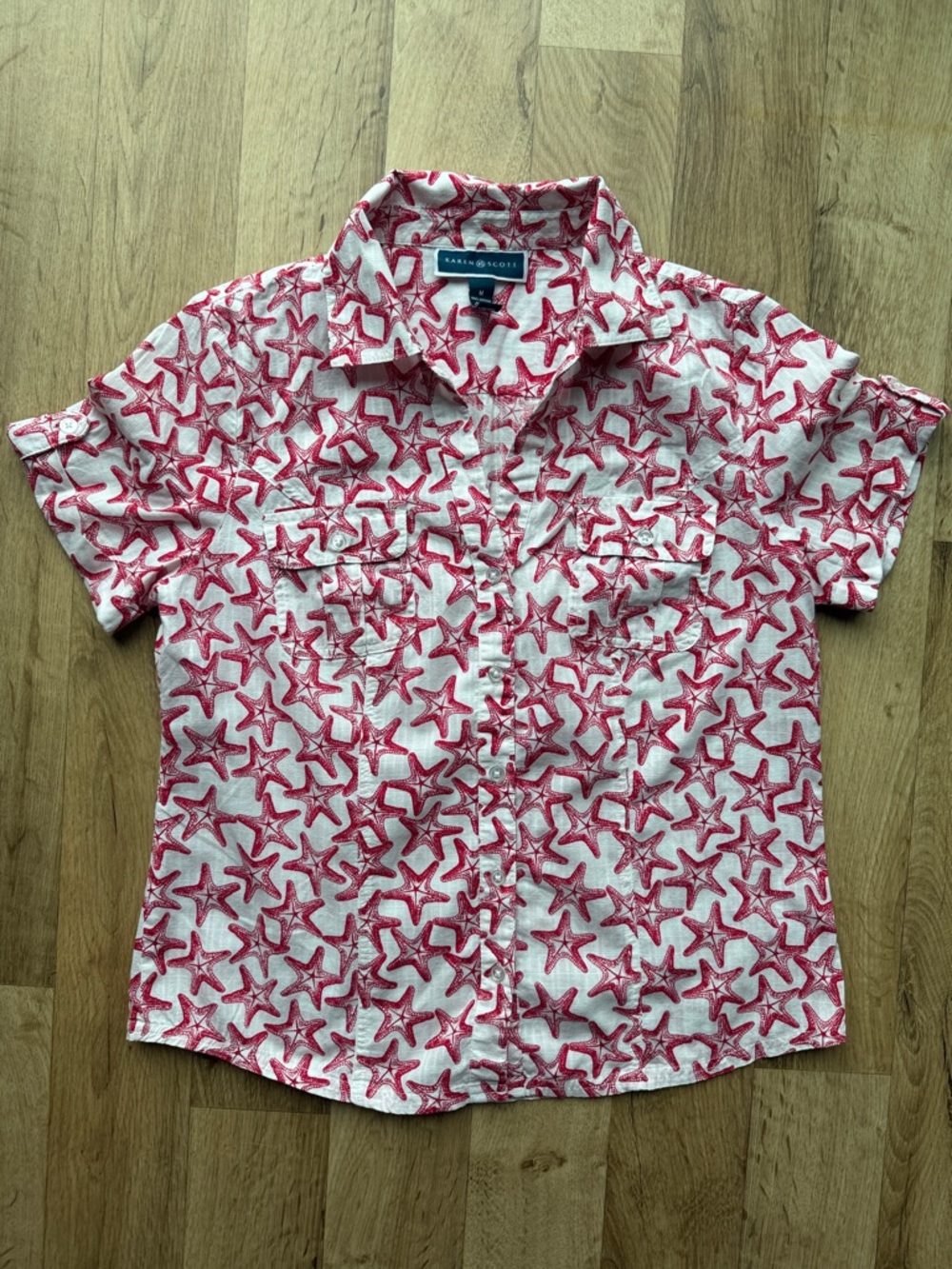 Karen Scott White Short-Sleeve Button-Down with Red Starfish Print